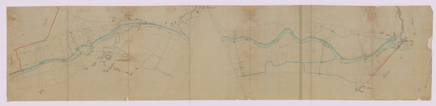 Extrait du plan général du 29 octobre 1851 avec les moulins d'Artannes et de Pont-de-Ruan (29 octobre 1851)