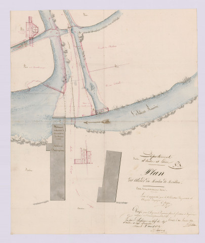 Plan des abords du moulin de Morillon et nivellement d'une partie de la rivière l'Indrois en amont du moulin de Morillon (24 janvier 1831)