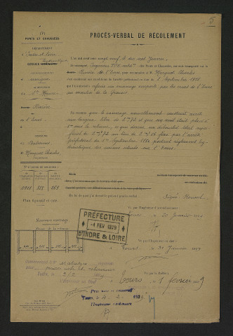 Vérification des travaux de réfection d'un vannage (17 janvier 1929)