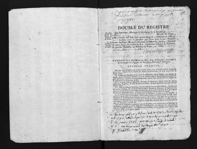 Collection du greffe. Baptêmes, mariages, sépultures, 1781-1782