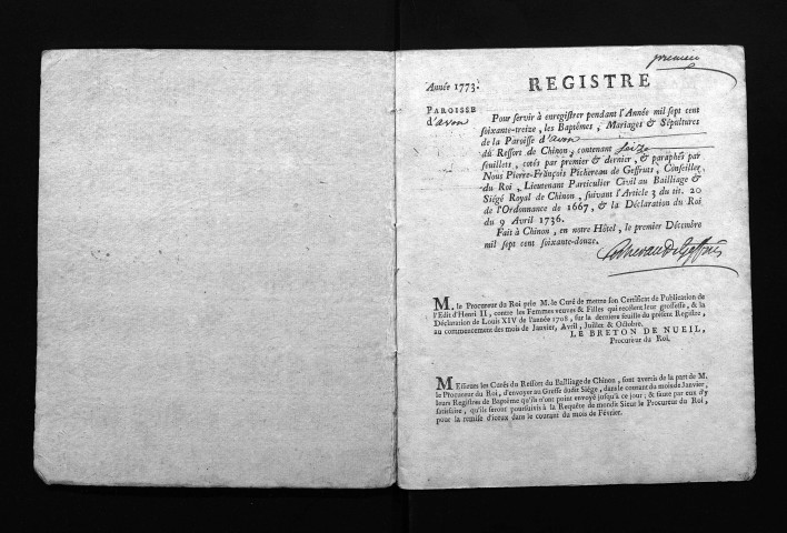 Collection du greffe. Baptêmes, mariages, sépultures, 1773