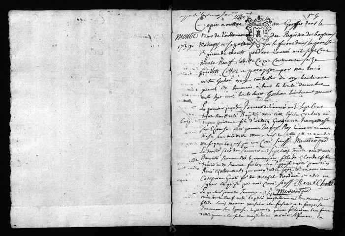Collection du greffe. Baptêmes, mariages, sépultures, 1739