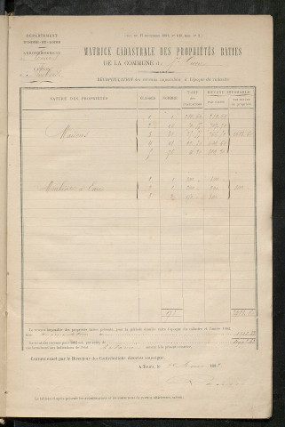 Matrice des propriétés bâties ; augmentations et diminutions, 1883-1891 ; séparation des revenus cadastraux afférents, pour l'année 1882, aux propriétés bâties et non bâties (état-balance) ; table alphabétique des propriétaires.