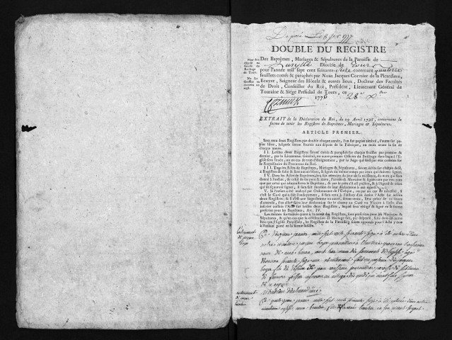 Collection du greffe. Baptêmes, mariages, sépultures, 1776