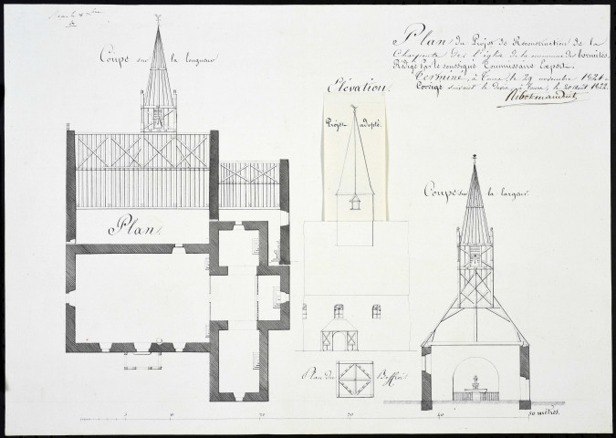 Église : 1 plan de projet de reconstruction de la charpente (1822) ; 1 plan d'une portion de l'église à rétablir (1822).