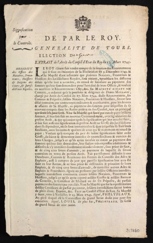 Contrôle d'hérédité des offices des notaires au bureau de Sainte-Maure : significations et mains-levées d'inter­dictions relatives à Jean Croullet notaire royal à Saint-Epain, quittances.