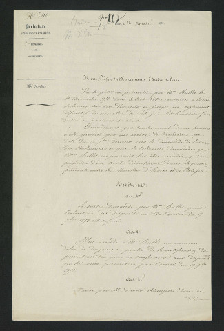 Arrêté préfecroral refusant le sursis de travaux demandé (16 novembre 1852)