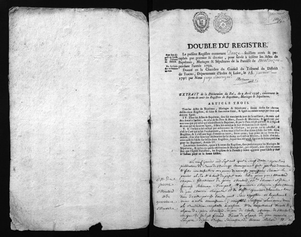 Collection du greffe. Baptêmes, mariages, sépultures, 1792