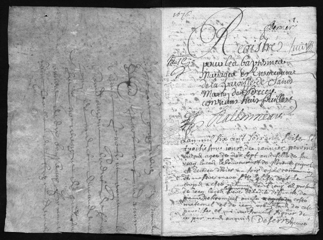 Collection communale. Baptêmes, mariages, sépultures, 1676-1715 - Les années 1679 et 1693 sont lacunaires dans cette collection
