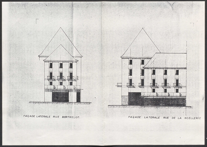 Plan : façade latérale rue Berthelot et façade latérale rue de la Scellerie.