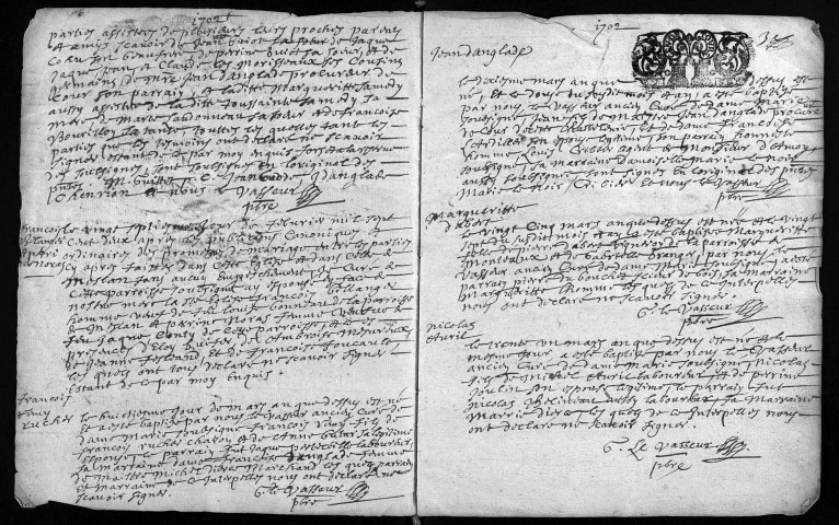 Collection du greffe. Baptêmes, mariages, sépultures, 1702 - Les années 1697-1701 sont lacunaires dans cette collection
