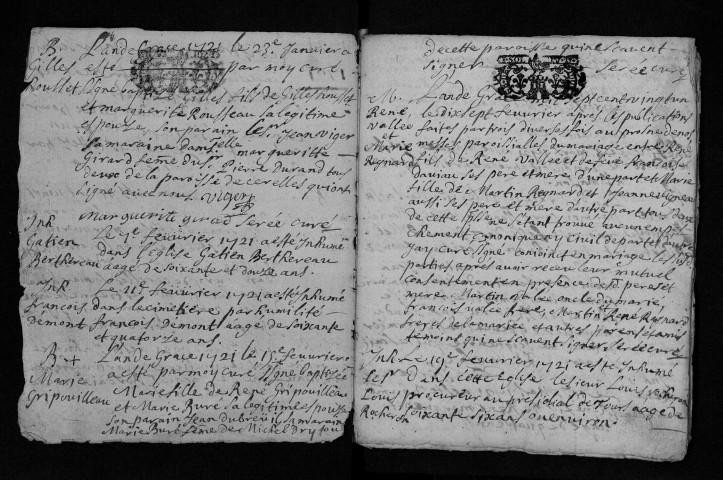 Collection communale. Baptêmes, mariages, sépultures, 1721-1724