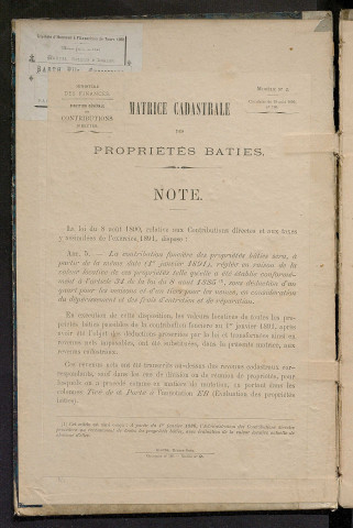 Matrice des propriétés bâties ; augmentations et diminutions, 1883-1891 ; séparation des revenus cadastraux afférents, pour l'année 1882, aux propriétés bâties et non bâties (état-balance) ; table alphabétique des propriétaires.