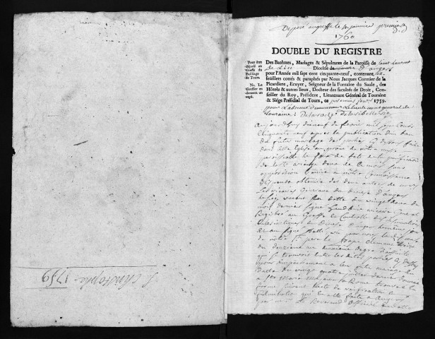 Collection du greffe. Baptêmes, mariages, sépultures, 1759