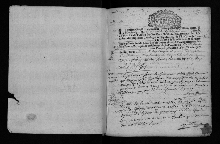 Collection communale. Baptêmes, mariages, sépultures, janvier 1704