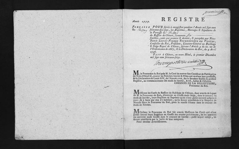 Baptêmes, mariages, sépultures, 1777