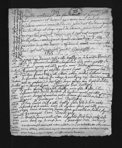 Collection du greffe. Baptêmes, mariages, sépultures, 1755