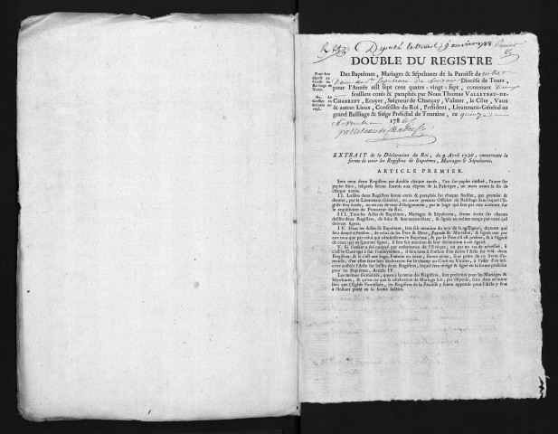 Collection du greffe. Baptêmes, mariages, sépultures, vêtures, 1787