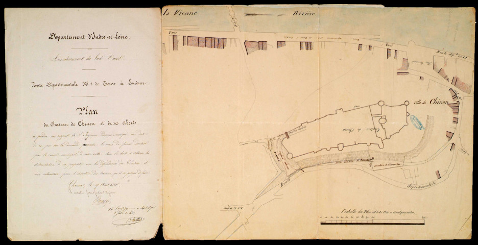 Délimitation des dépendances du château avec les terrains de la commune : un calque contrecollé : plan du château de Chinon et de ses abords.