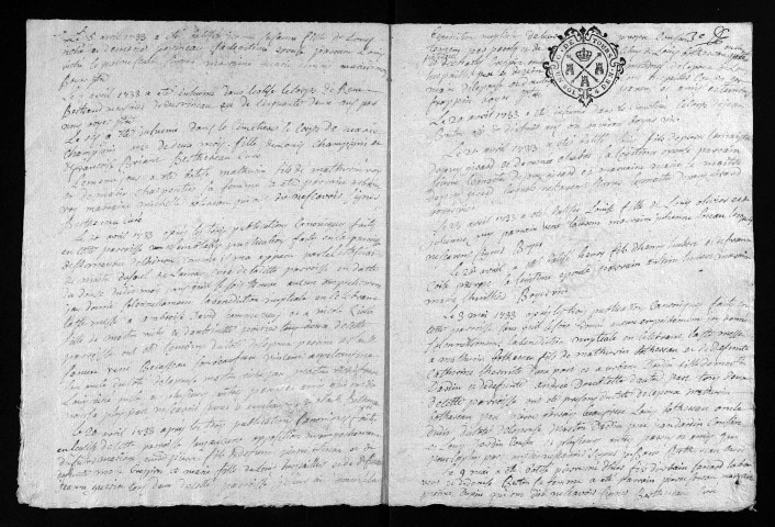 Collection du greffe. Baptêmes, mariages, sépultures, 1733-1734