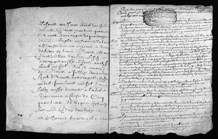 Collection du greffe. Baptêmes, mariages, sépultures, 1720-1723
