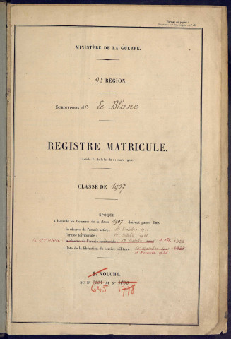 Classe 1907. Matricules n°645-1128, 1627-1633, 1767-1768, 1771-1778