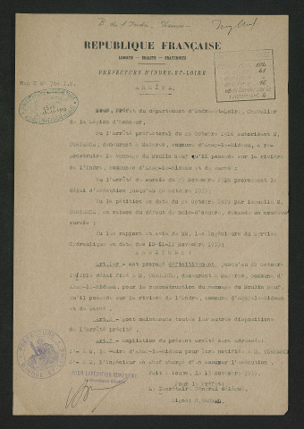 Arrêté prorogeant le délai d'exécution des travaux sur le vannage (13 novembre 1919)
