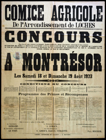 Comice agricole, organisation : affiches, programmes, tableaux des recettes et dépenses, demandes d'exposition, listes nominatives d'inscription, listes nominatives des personnes assistants au banquet.