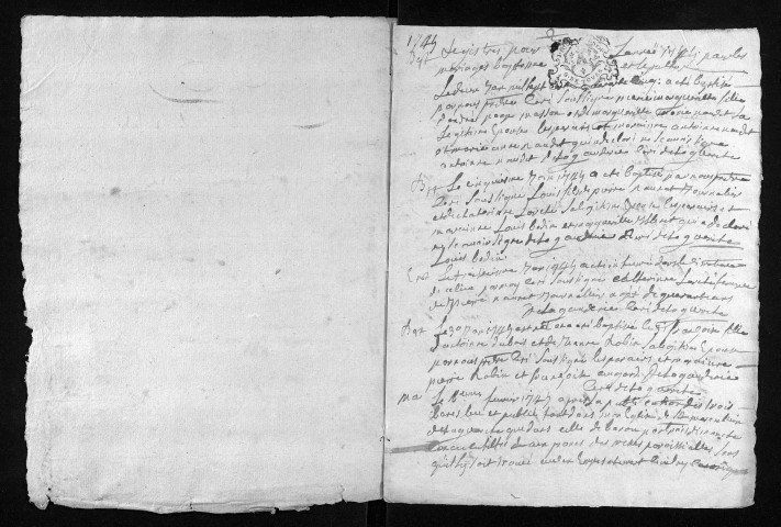 Collection du greffe. Baptêmes, mariages, sépultures, 1745 - Lacune : 1744
