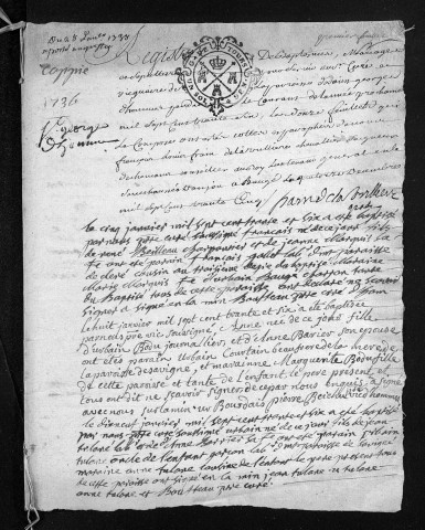 Collection du greffe. Baptêmes, mariages, sépultures, 1736