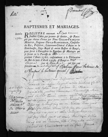 Baptêmes, mariages, 1761