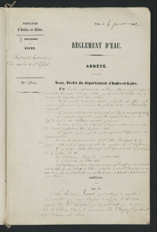 Arrêté portant règlement hydraulique (4 janvier 1862)