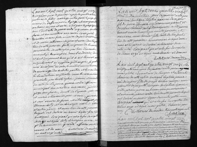 Collection du greffe. Baptêmes, mariages, sépultures, 1791