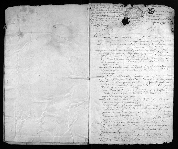 Baptêmes, mariages, sépultures, 1693 - Les années 1694 et 1698-1700 sont lacunaires dans la collection du greffe