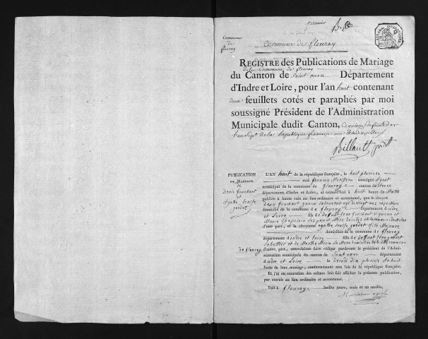 Fleuray. Publications de mariages, an VIII - Pour les actes, se reporter à la municipalité de canton (Saint-Ouen)