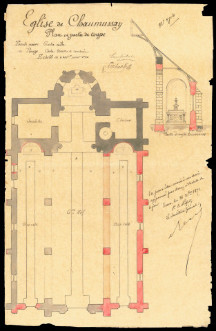 Plan et partie de coupe (1871), deux plans de reconstruction d'une partie du clocher (1873), clocher actuel [1873].