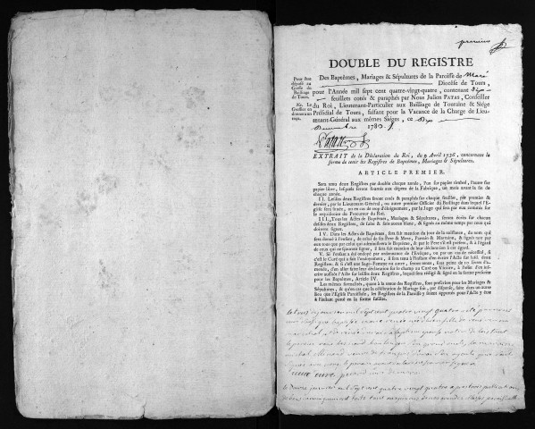 Collection du greffe. Baptêmes, mariages, sépultures, 1784