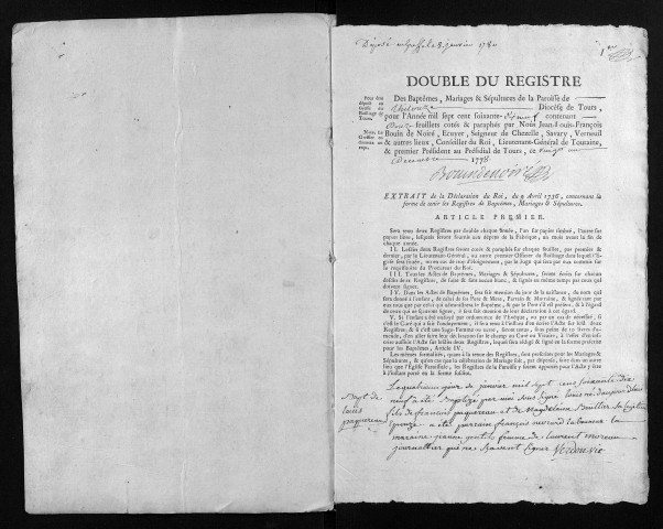 Collection du greffe. Baptêmes, mariages, sépultures, 1779