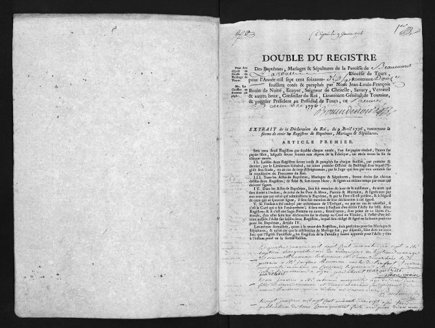 Collection du greffe. Baptêmes, mariages, sépultures, 1777