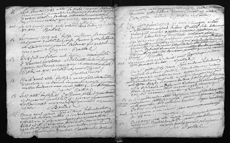 Collection du greffe. Baptêmes, mariages, sépultures, 1713 - L'année 1712 est lacunaire dans les deux collections