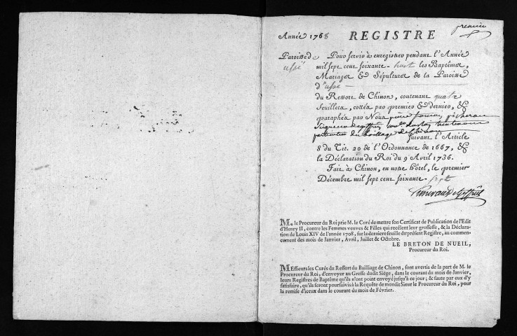 Baptêmes, mariages, sépultures, 1768-1770 - Les années 1757-1767 sont lacunaires dans la collection du greffe
