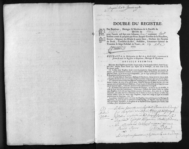 Collection du greffe. Baptêmes, mariages, sépultures, 1772