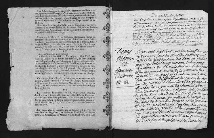 Collection du greffe. Baptêmes, mariages, sépultures, 1792