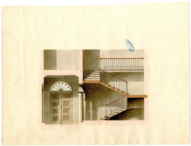 Projet de bâtiment rue Chaude : détail de porte d'entrée et d'escalier [avant 1811 selon l'inventaire de Deroüet].