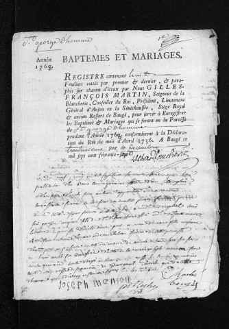 Collection du greffe. Baptêmes, mariages, 1768-1769